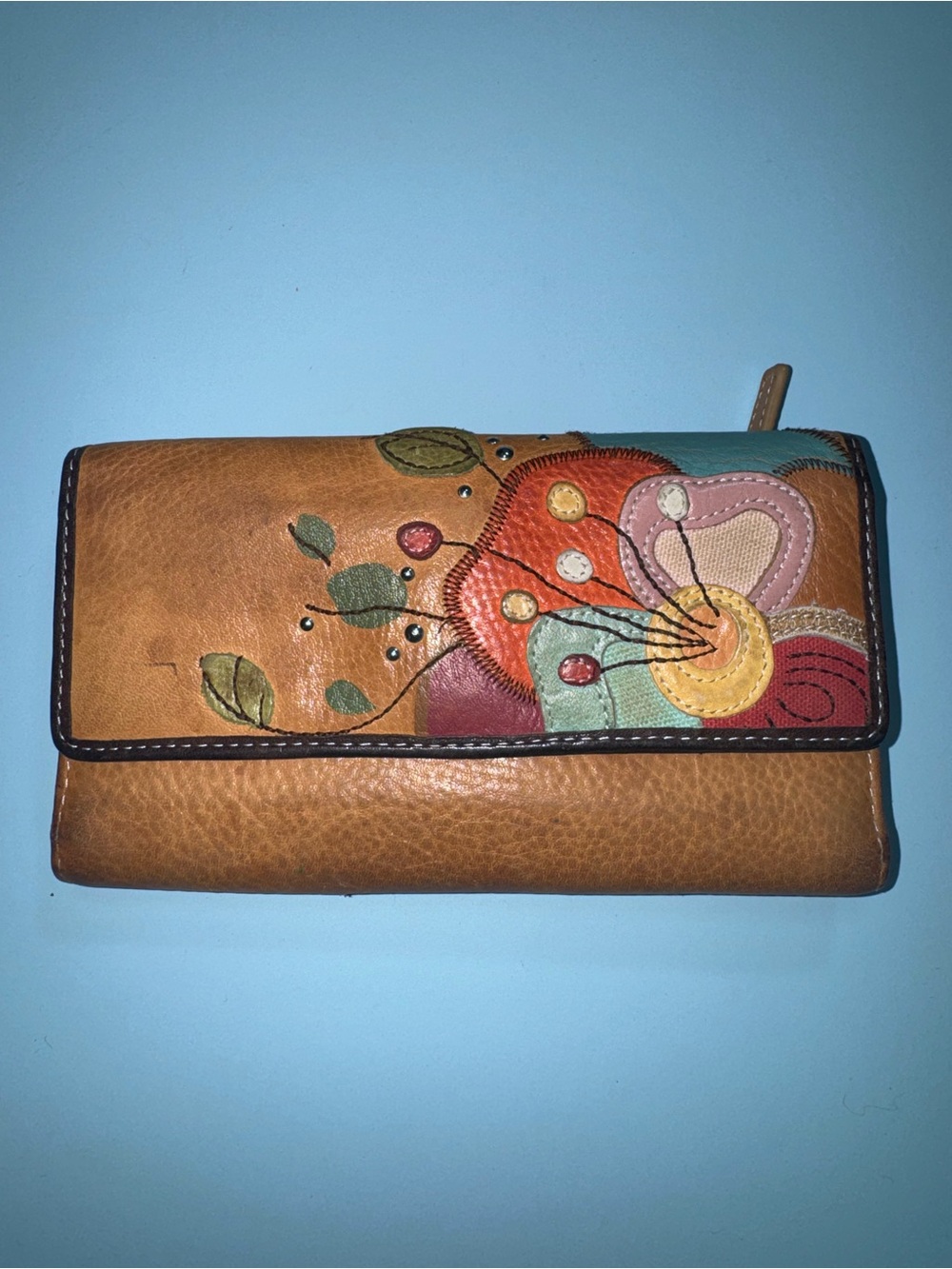 Fossil Tan Leather Wallet with Multicolor Floral Applique